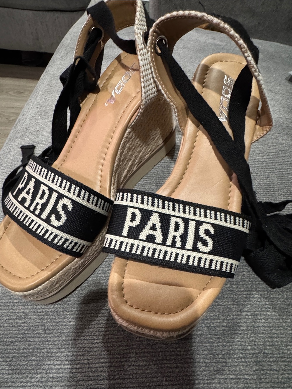 Soda Black & Beige PARIS Espadrille Wedge Sandals with Ankle Ties